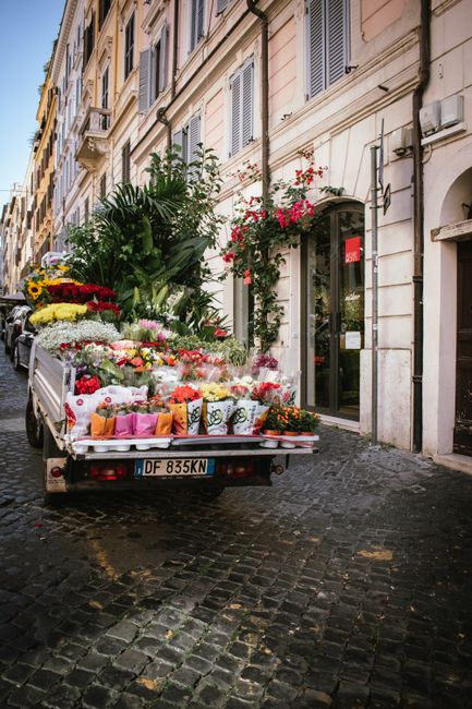 A delivery truck parked on a cobblestone street in front of a beige, multi-story building with classic Italian architecture, featuring tall windows, green shutters, and potted plants with vibrant pink