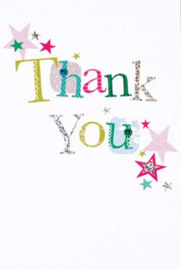 The elegant arrangement of lettering on this thank you card embodies a subtle exuberance deeply rooted in Harefield's relaxed countryside vibe. Each letter presents its own style: some whimsical with playful spots and rounded contours, others more refined and lyrical in their form, reminiscent of the gentle winding of local lanes. Sparkling stars in shades of deep turquoise, lively pink, and shimmering silver cluster around the message as if sprinkling extra joy-like sunlight filtering through trees in Harefield's village green. The composition feels light and contemporary, with scattered stardust illuminating the card's clean white background, much as early morning mist brightens the grass at the edge of Harefield Moor. There is a certain sophistication here that never becomes too formal, but always remains warmly inviting. Perfect to accompany a bouquet for any occasion-perhaps as a gesture of thanks after a gathering at Harefield Hospital-this card shares gratitude with the freshness and vibrancy of new flowers, memorable in its design and heartfelt in its tone.