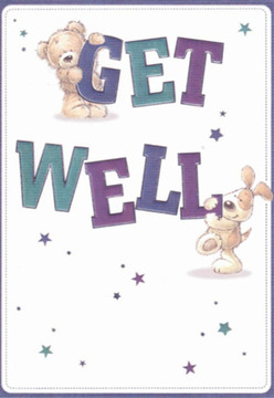 A comforting sense of warmth emanates from this get well card, ideal for supporting someone in need within the peaceful surroundings of Harefield. The lovingly drawn teddy bear clings to the curve of the word 'GET', while a lively puppy snuggles at the base of the bold 'WELL', both rendered in soft, engaging textures that recall the feeling of a cherished childhood toy. Vivid hues of indigo and teal colour the bold phrase, drawing the eye just as a striking bouquet stands as the centrepiece of a Harefield celebration. Playful stars in gradients of blue and purple dapple the background with hope, as if sending whispered wishes over Harefield Common. Clean white space frames the artwork, enhancing clarity and inviting calm-a vital comfort when one is feeling unwell. As a florist from Flower Delivery Harefield, I'm reminded of the careful assembly of each bouquet, every petal and leaf placed to inspire hope. This card, with its finely balanced design, extends the same nurturing care, woven through with emotional warmth and the enduring optimism of our local community.